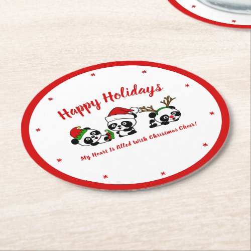 Personalized Christmas Pandas Round Paper Coaster