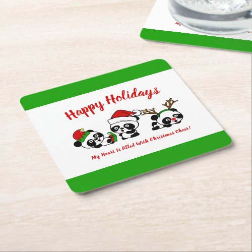 Personalized Christmas Pandas Square Paper Coaster