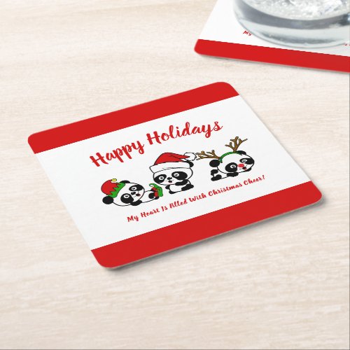 Personalized Christmas Pandas Square Paper Coaster