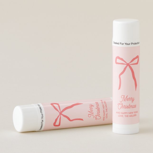 Personalized Christmas Party Favor Pink & Red Bow Lip Balm (Front)