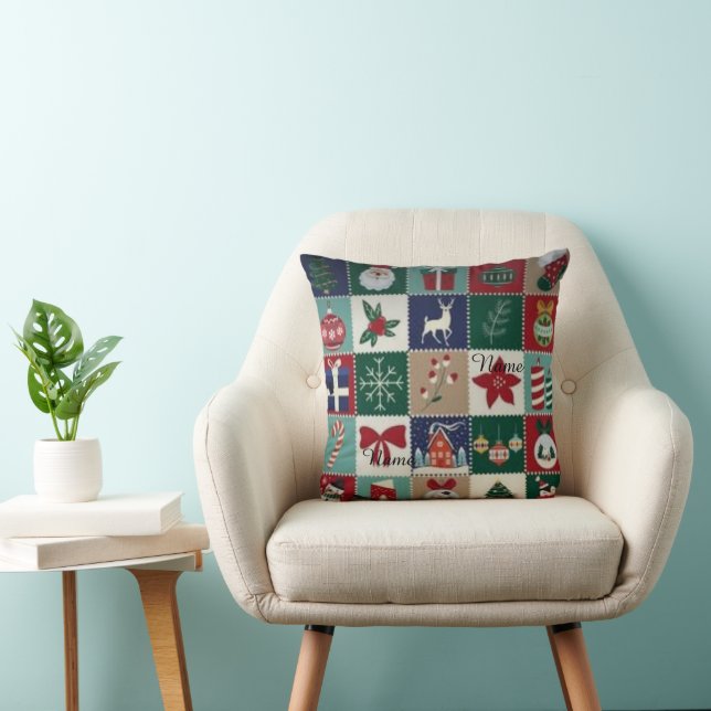  Personalized Christmas Patchwork Fleece Blanket w Throw Pillow (Chair)