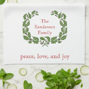 Personalized Christmas Peace Love Joy Wreath Kitchen Towel