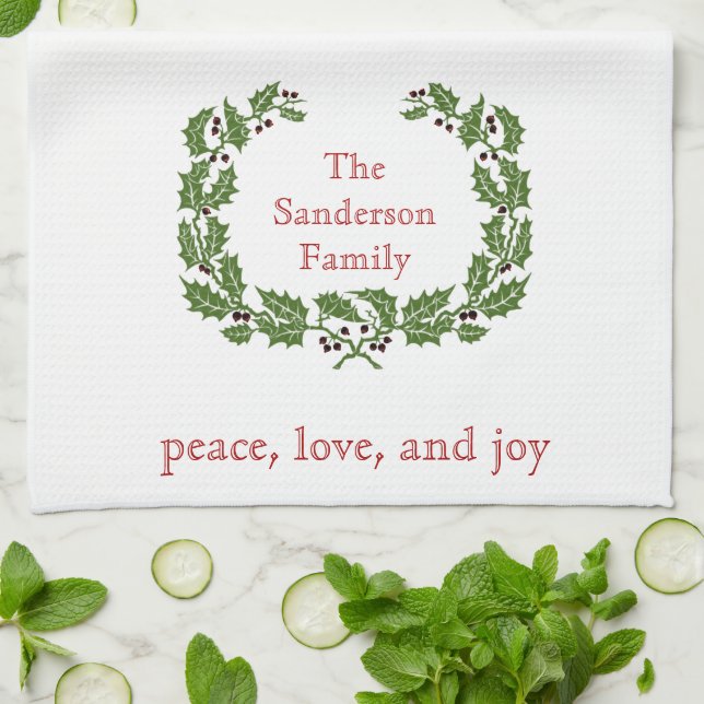 Personalized Christmas Peace Love Joy Wreath Kitchen Towel (Folded)