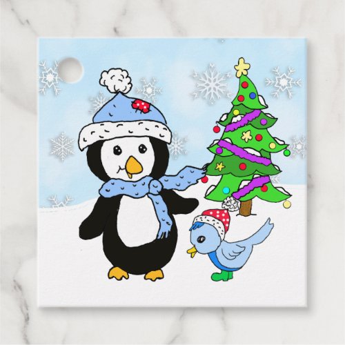 Personalized Christmas Penguin Blue Bird Snowy Day Favor Tags