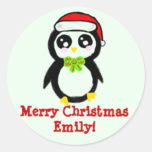 Personalized Christmas Penguin Classic Round Sticker