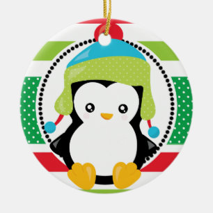 Personalized Christmas Penguin Snowy Days Holiday Ceramic Ornament