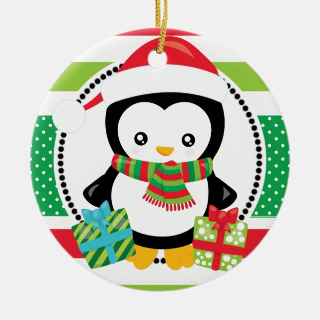 Personalized Christmas Penguins with Gifts Holiday Ceramic Ornament (Front)