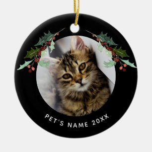 Personalized Christmas Pet Photo Holly on Black Ceramic Ornament