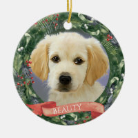 Personalized Christmas Pet Photo Wreath Ceramic Ornament