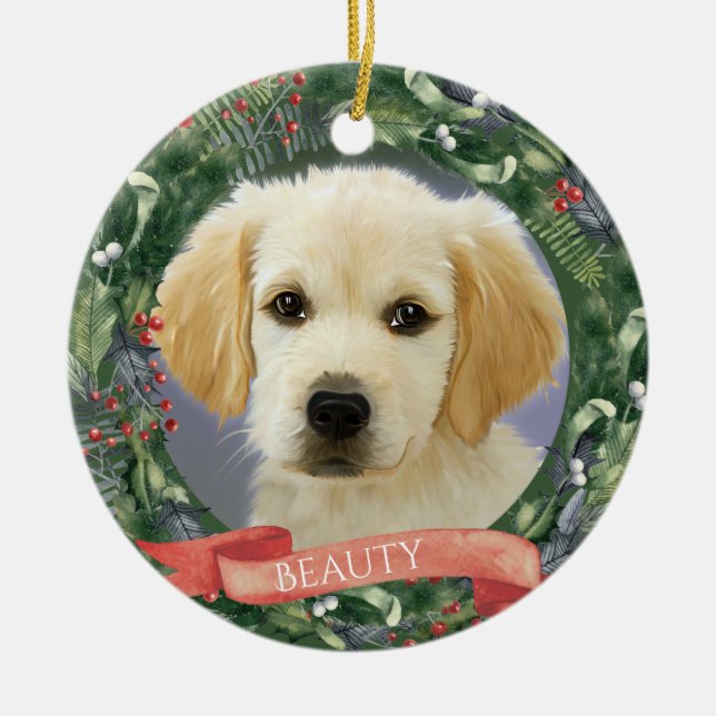 Personalized Christmas Pet Photo Wreath Ceramic Ornament (Front)
