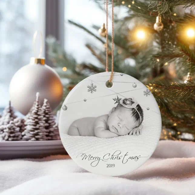Personalized Christmas Photo and Calligraphy Ceramic Ornament | Zazzle