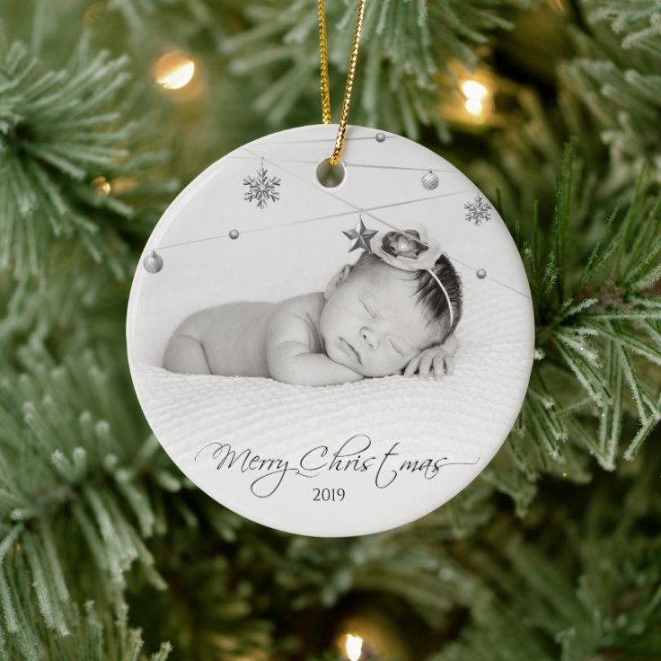 Personalized Christmas Photo and Calligraphy Ceramic Ornament | Zazzle