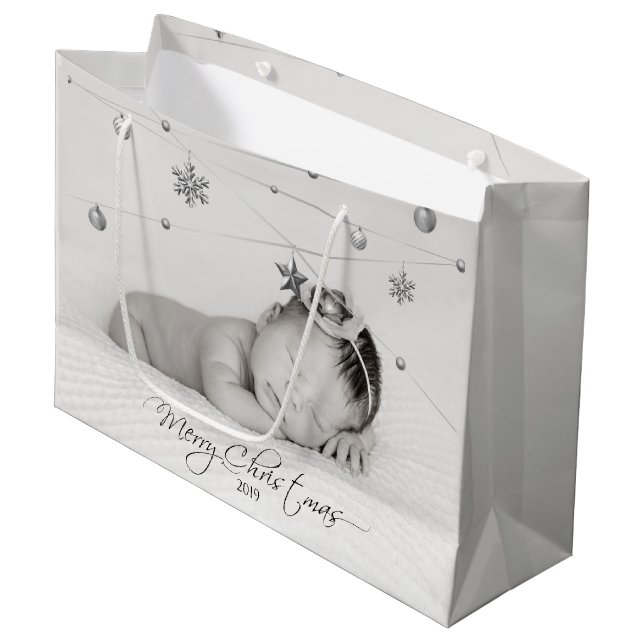Personalized Christmas Photo and Calligraphy Large Gift Bag (Front Angled)