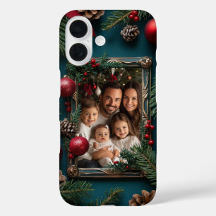 Personalized Christmas Photo Frame Pine Cones iPhone 16 Case