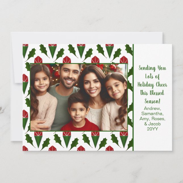 Personalized Christmas Photo Red Roses & Holly Art Holiday Card (Front)