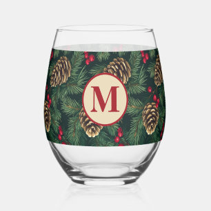 Personalized Christmas Pine Monogram Stemless Wine Glass