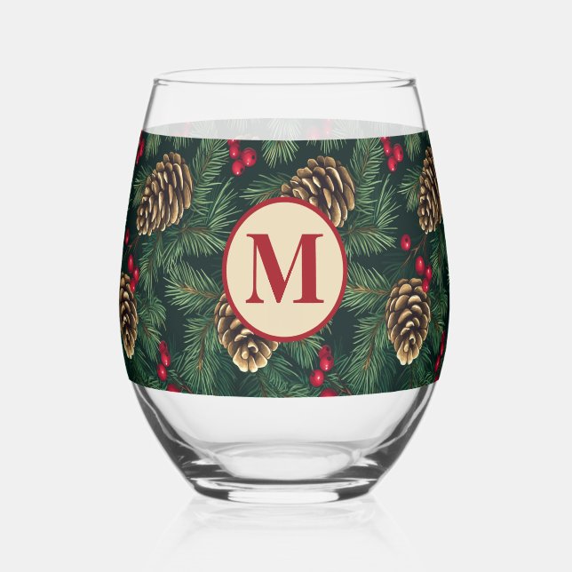 Personalized Christmas Pine Monogram Stemless Wine Glass (Front)