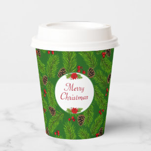 Personalized Christmas Pinecones & Berries Paper Cups