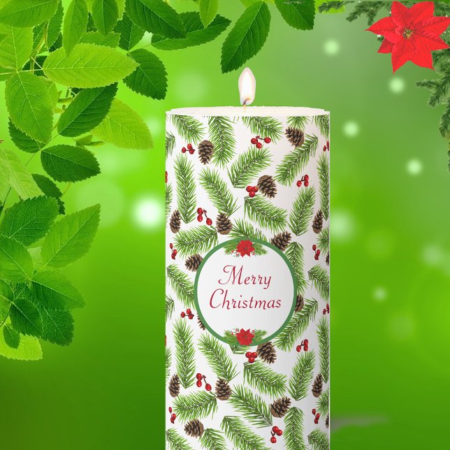 Personalized Christmas Pinecones & Berries Pillar Candle (Creator Uploaded)