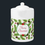 Personalized Christmas Pinecones & Berries Teapot<br><div class="desc">Modern elegant green pine leaves,  pinecones and red berries on white. Ideal for Christmas season!</div>