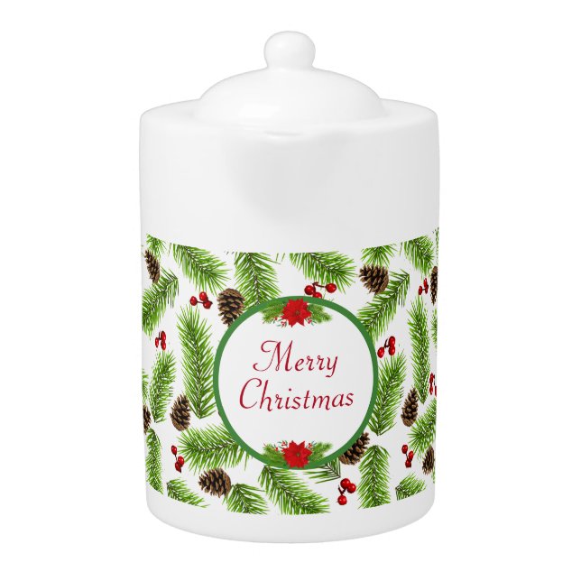 Personalized Christmas Pinecones & Berries Teapot (Front)