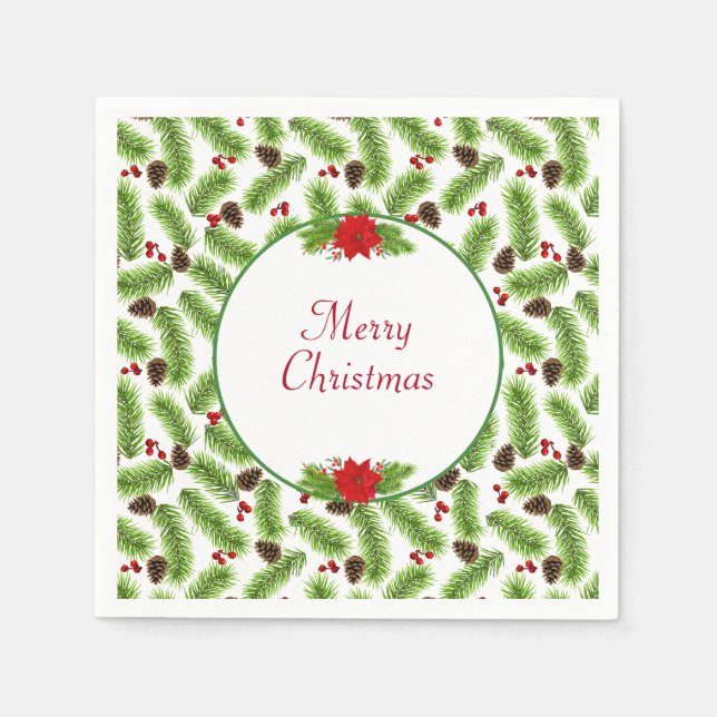 Personalized Christmas Pinecones & Red Berries Napkins (Front)