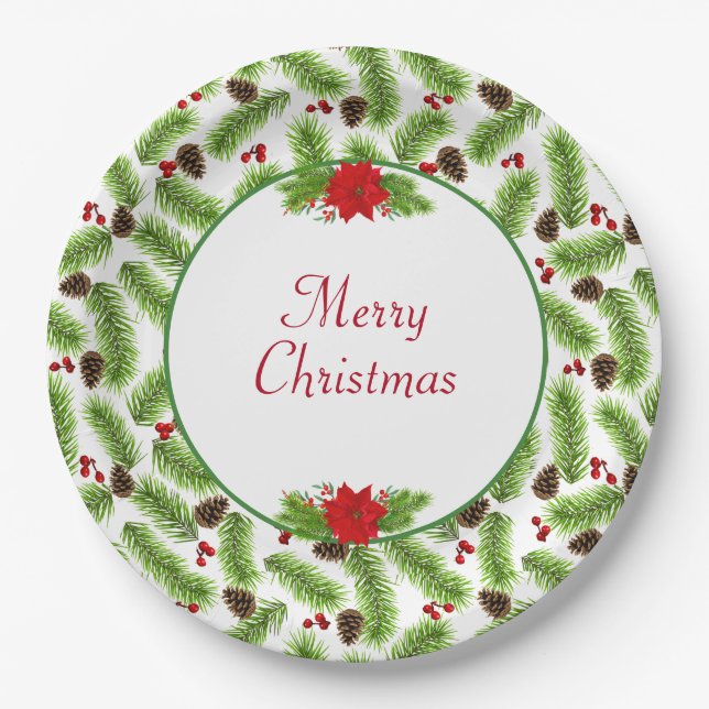 Personalized Christmas Pinecones & Red Berries Paper Plates (Front)