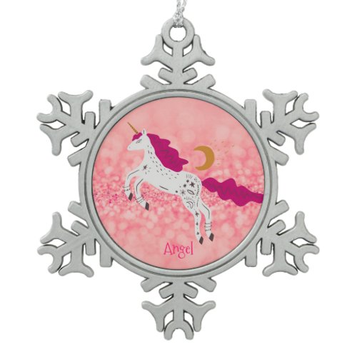 Personalized Christmas Pink Glitter Unicorn Snowflake Pewter Christmas Ornament