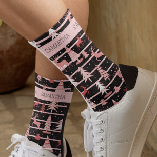 Personalized Christmas Pink Holiday Tree Reindeer Socks