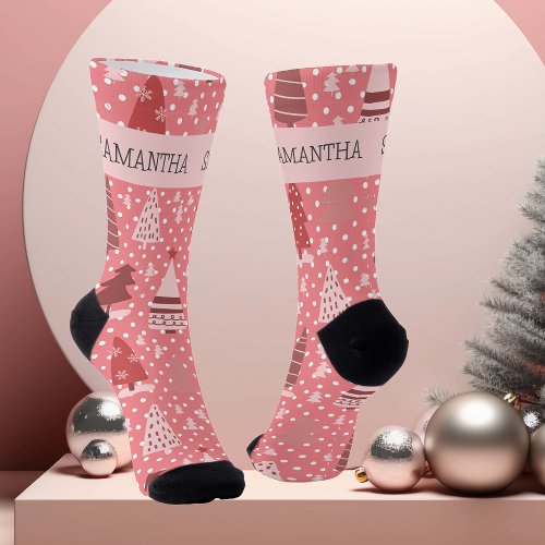 Personalized Christmas Pink Holiday Tree   Socks