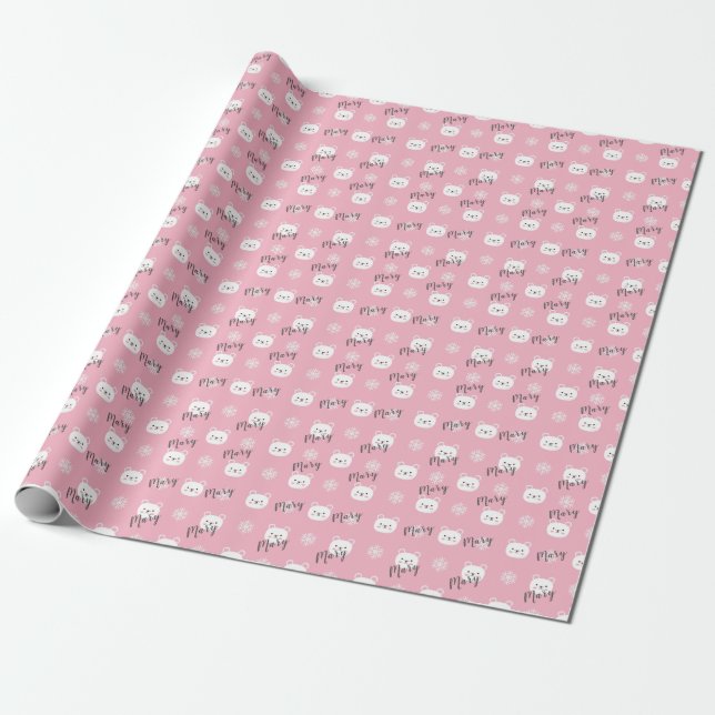 Personalized Christmas Pink Polar Bear Girl Wrapping Paper (Unrolled)
