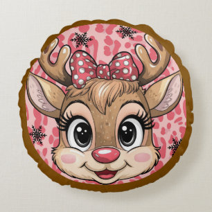 Personalized Christmas pink reindeer Round Pillow