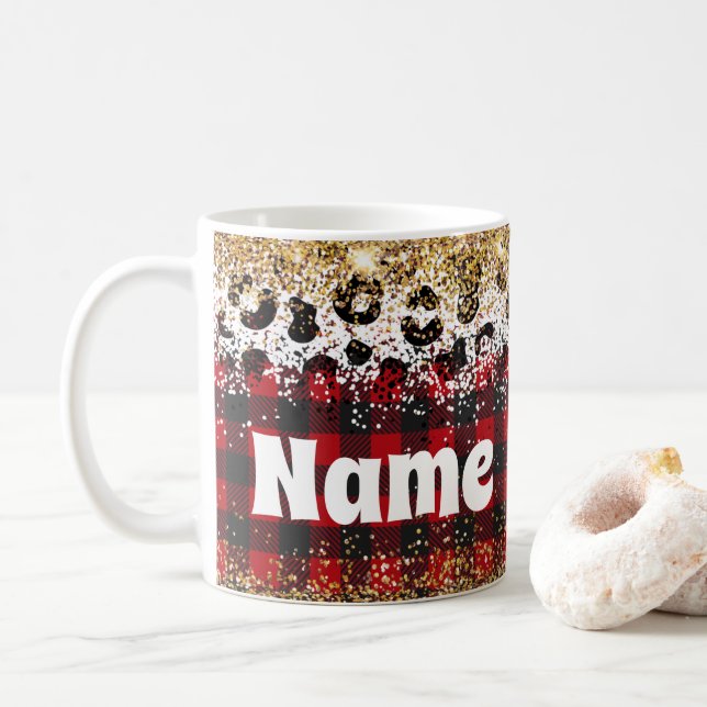 Personalized Christmas Plaid Glitter Coffee Mug (With Donut)