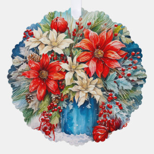 Personalized Christmas Poinsettia, Berries Bouquet Ornament Card