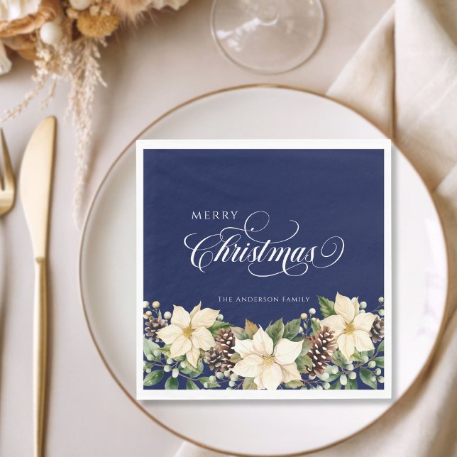 Personalized Christmas Poinsettia blue  Napkins (Creator Uploaded)
