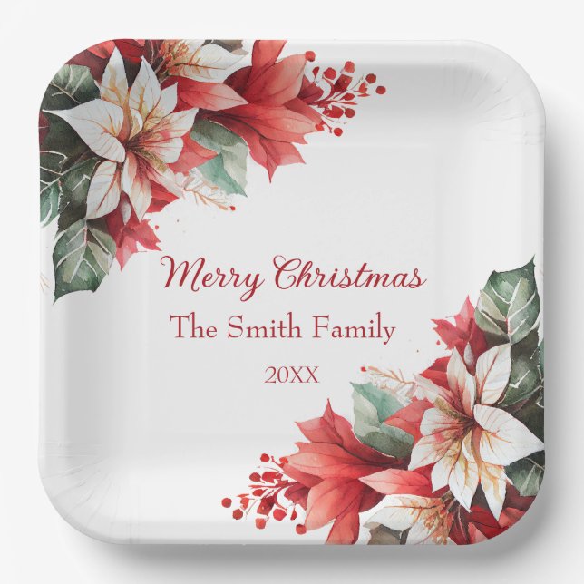 Personalized Christmas Poinsettia Flowers  Paper Plates (Front)