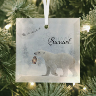 Personalized Christmas Polar Bear Light Glass Ornament