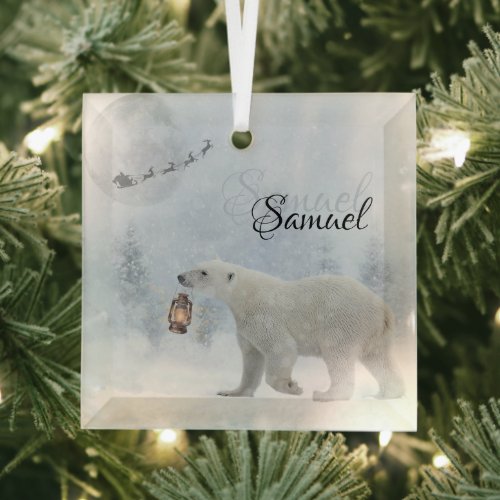 Personalized Christmas Polar Bear Light  Glass Ornament