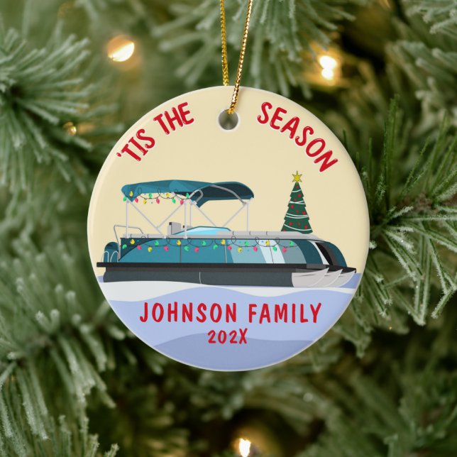 Personalized Christmas Pontoon Boat Ceramic Ornament (Tree)
