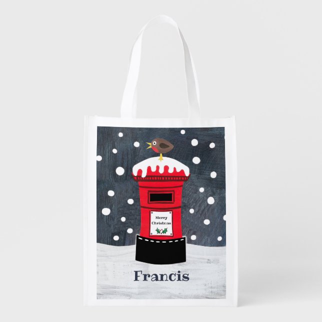 Personalized Christmas Post Box and Robin Grocery Bag (Front)