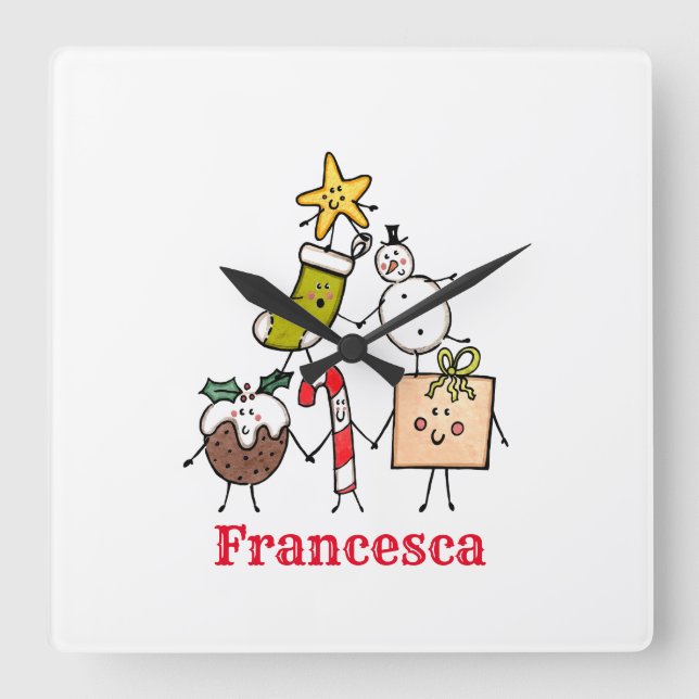 Personalized Christmas Pudding Candy Cane Snowman Square Wall Clock (Front)