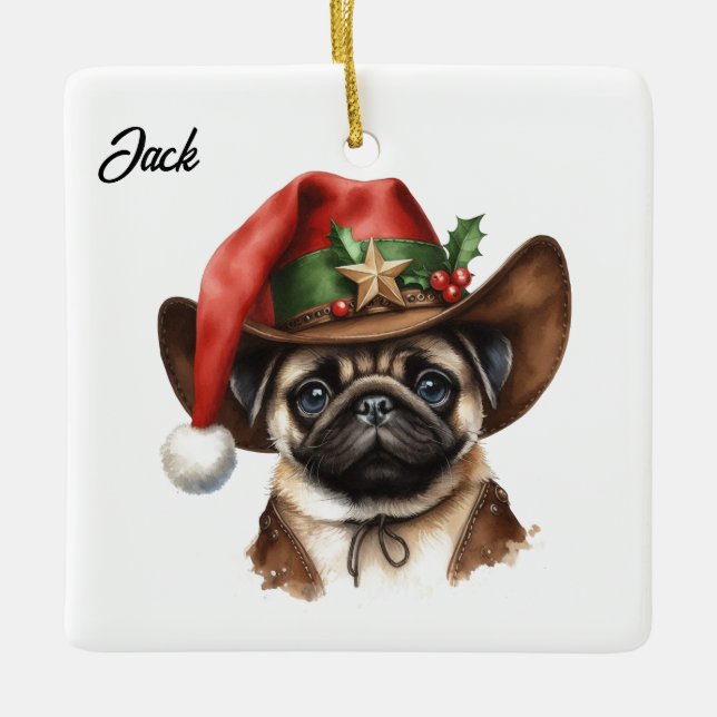 Personalized Christmas Pug with Cowboy Santa Hat Ceramic Ornament (Front)