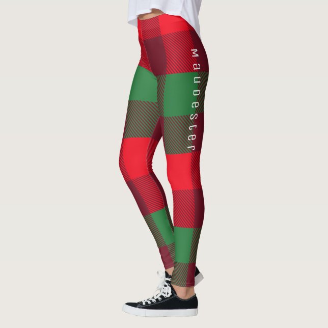 Personalized Christmas Red Buffalo Plaid Pattern Leggings (Left)