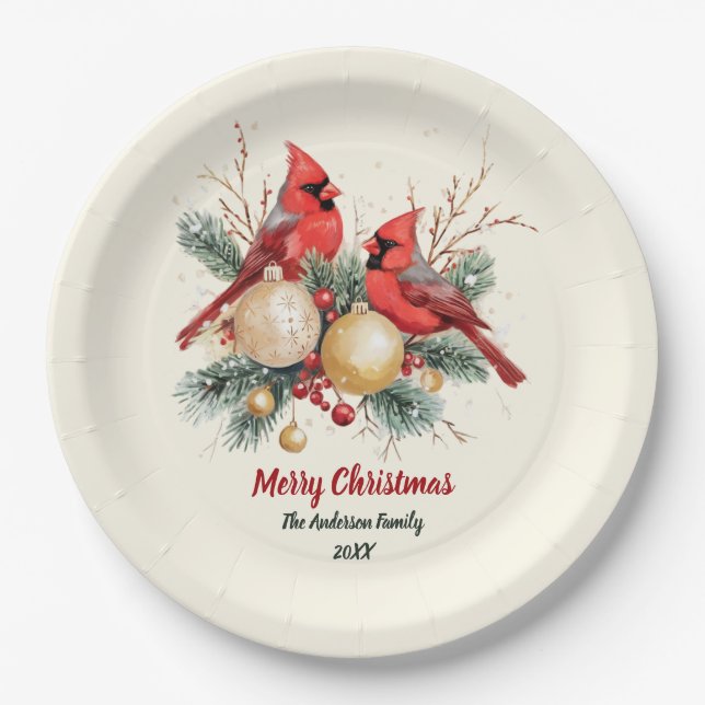 Personalized Christmas Red Cardinal & Berries      Paper Plates (Front)