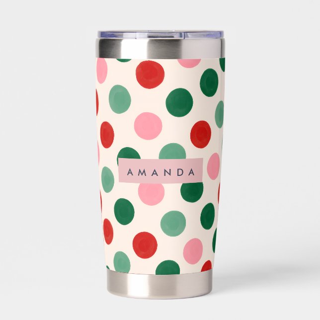 Personalized Christmas Red Green and Pink Polka Insulated Tumbler (Front)