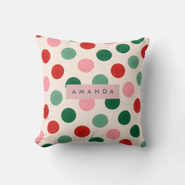 Personalized Christmas Red Green and Pink Polka Throw Pillow (Front)