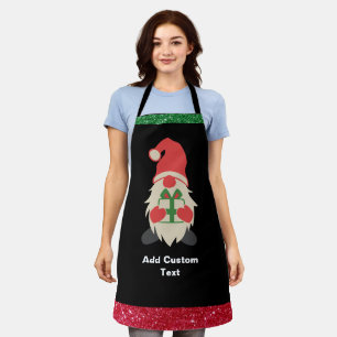 Personalized Christmas Red Green Gnome Black Chef Apron