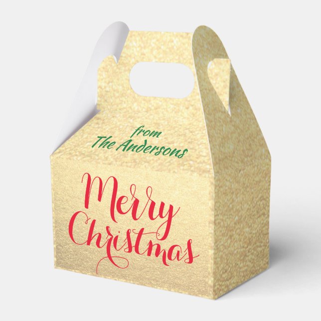 Personalized Christmas Red Green Gold Hand Script Favor Boxes (Front Side)