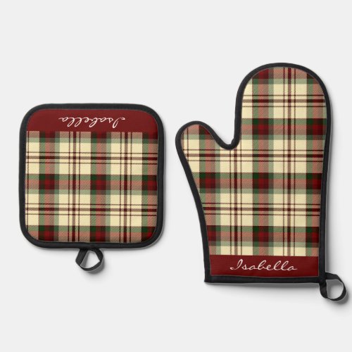 Personalized Christmas Red Green plaid Pattern Oven Mitt  Pot Holder Set