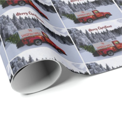Personalized Christmas Red Vintage Truck Wrapping Paper